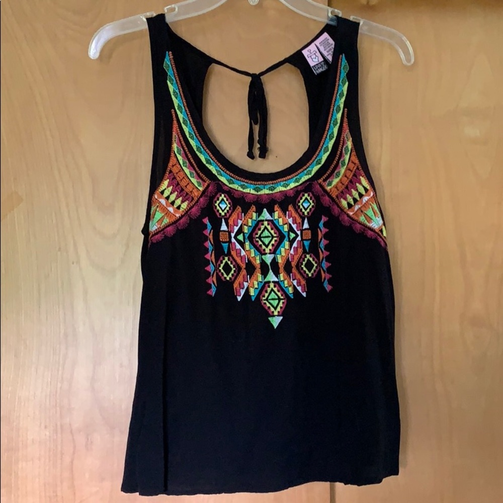 Low back black embroidered flowy tank top